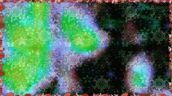 Raster illüstrasyonu. Şirin çiçekli kusursuz desen ve yeşil ve mavi renkli yapraklar, suluboya çiçek deseni, duvar kağıdı, kart veya kumaş için fayanslı.