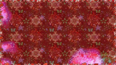 Raster illüstrasyonu. El çizimi çiçekli, soyut, pürüzsüz desen. Kırmızı ve kahverengi renkte çiçekler.