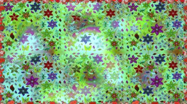 Çiçeksiz desenli, suluboya elle çizilmiş elementler. Parlak renkli fantezi çiçekleri, yapraklar, yeşil ve mavi renkli tomurcuklar yeşil ve mavi.