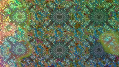 Raster illüstrasyonu. Yeşil ve mavi renkte çiçekler. Çiçek süsü ile kusursuz desen.