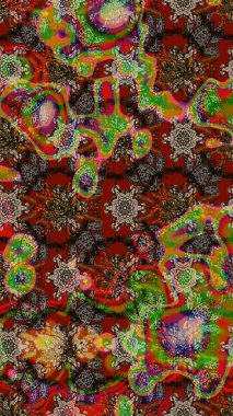 Arkaplan dokusu, duvar kağıdı, çiçek teması kahverengi, kırmızı ve yeşil renkler. Soyut etnik raster çizim kalıbı. Kabile sanatı boho baskısı, klasik çiçek arkaplanı.