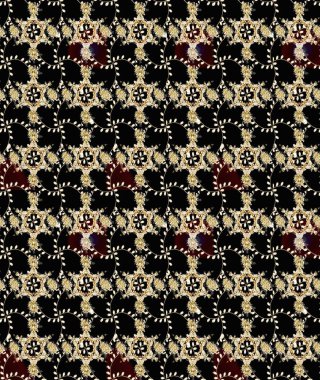 Siyah, bej ve kahverengi renklerde parlak çiçekli halı deseni..