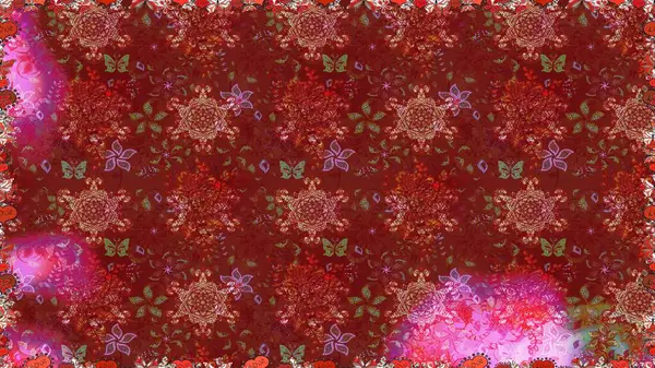 Raster illüstrasyonu. El çizimi çiçekli, soyut, pürüzsüz desen. Kırmızı ve kahverengi renkte çiçekler.