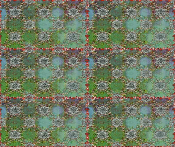 Yeşil ve kahverengi renkli vadi çiçekleri. Soyut etnik raster kusursuz desen. Çiçekler..