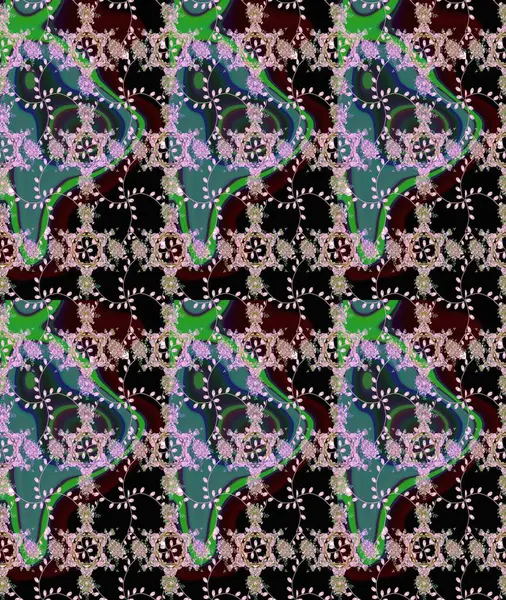 Düz Çiçek Elementleri Tasarımı. Renkli Bahar Teması eskiz kalıbı. Raster illüstrasyonundaki çiçek desenli çizim. Siyah, nötr ve yeşil renkte çiçekler.