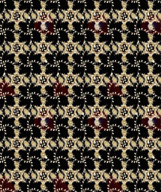 Siyah, bej ve kahverengi renklerde parlak çiçekli halı deseni..