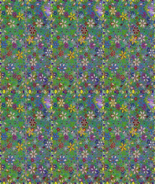 Raster illüstrasyonu. Yeşil ve mavi renkte çiçekler. Çiçeksiz desenli arka plan, vuruşlar, sıçramalar, yaz çiçekleri..