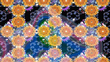 Şirin çiçekli eskiz deseni ve mavi renkli yapraklar, suluboya çiçek deseni, duvar kağıdı, kart veya kumaş için fayanslı. Raster illüstrasyonu.