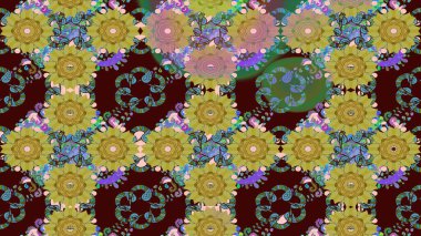 Renkli Bahar Teması eskiz kalıbı. Düz Çiçek Elementleri Tasarımı. Çiçek desenli çizim. Kahverengi renkli çiçekler. Raster illüstrasyonu. Asya tekstil tarzında.