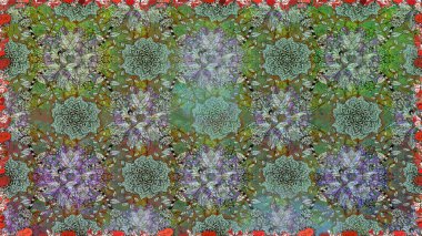 Raster illüstrasyonunda kusursuz çiçek deseni. Çiçekler suluboya tarzında yeşil ve nötr renklerde.