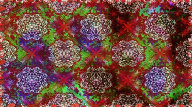 Raster illüstrasyonunda kusursuz çiçek deseni. Kırmızı ve kahverengi renkte çiçekler. Renkli Bahar Temalı Kusursuz Arkaplan. Düz Çiçek Elementleri Tasarımı.