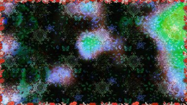 Elle boyanmış suluboya, dikişsiz çiçekler ve bitkiler. Siyah ve mavi renkte çiçekler.