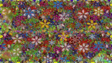 Düz Çiçek Elementleri Tasarımı. Yeşil ve kahverengi renkli çiçekler. Renkli Bahar Temalı Kusursuz Arkaplan. Kusursuz çiçek deseni. Asya tekstil tarzında. Raster illüstrasyonu.