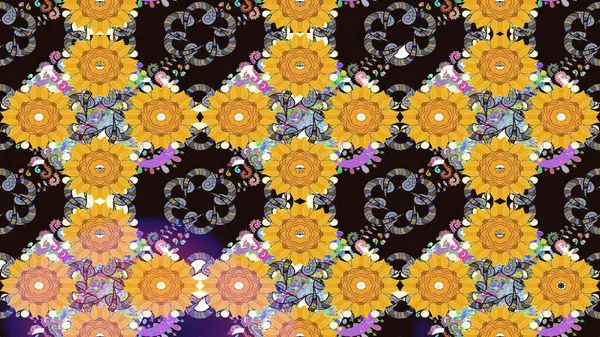 Sarı renkte güzel çiçekler olan eskiz deseni, suluboya çiçek deseni, duvar kağıdı, kart ya da kumaş için fayanslı. Raster..