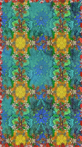 Mavi ve yeşil renkli şirin çiçek desenleri. Renkli Bahar Temalı Kusursuz Arkaplan. Düz Çiçek Elementleri Tasarımı. Raster Modaya uygun kumaş deseni.