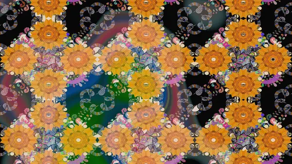 Çiçek çelengi. Kıvırcık, parlak örgü. Raster illüstrasyonu. Eski moda arka plan. Desen, çizim, çiçek sınırı. Güzel, pürüzsüz kumaş, tuval..