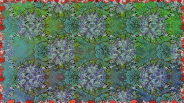 Raster illüstrasyonunda kusursuz çiçek deseni. Yeşil ve mavi renkte çiçekler.