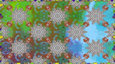 Çiçekli karalama şeklinde Raster çiçek deseni. Yeşil ve mavi renkte çiçekler. Yumuşak, bahar çiçekli arka plan.