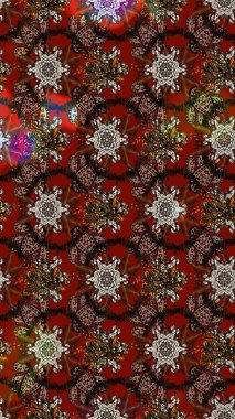 Kahverengi, kırmızı ve siyah renkli bitkilerden oluşan parlak çiçekli çizim deseni.