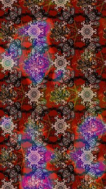 Kahverengi, kırmızı ve siyah küçük çiçekler ve kahverengi, kırmızı ve siyah renkli komik böcekler, raster desen, illüstrasyon.