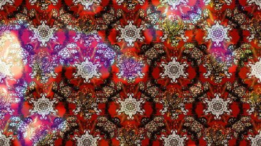 Millefleur 'lar. Küçük kahverengi, kırmızı ve bej renkli, çiçekli oldukça eski bir besin torbası deseni. Tekstil, kumaş, kapaklar, duvar kağıtları, baskı, örgü, dekupaj için çiçek arkaplanı..