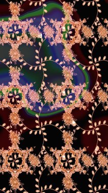 Çok renkli, kahverengi ve bej renkli küçük çiçekler ve siyah, kahverengi ve bej renkli komik böcekler, raster desen, illüstrasyon.