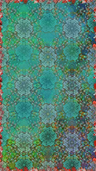 Mavi ve yeşil renklerde. Mavi ve yeşil renkli mavi ve yeşil papatya deseni. Raster illüstrasyonu.