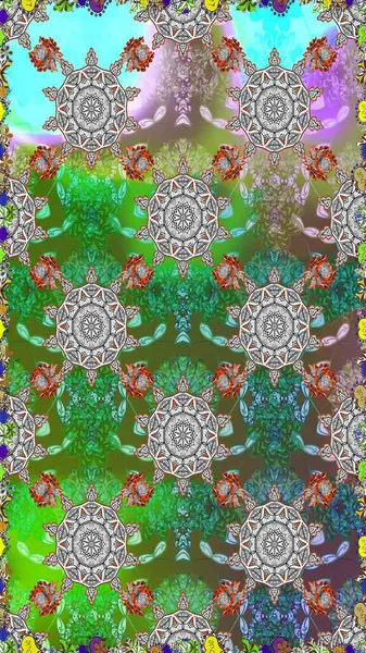 Çiçeksiz desenli arka plan. Yeşil ve gri renkli çiçekler. Tişört baskısı için çiçek boyama rasteriName.