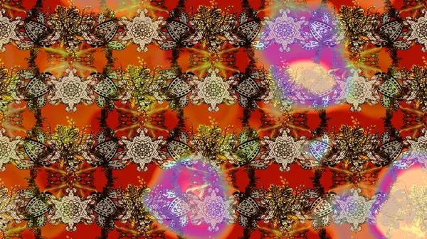 Üzerinde gelincikler ve vadi zambakları olan renkli çiçek desenli nakış deseni. Tekstil tasarımı için kahverengi, bej ve turuncu renkli geleneksel halk çiçekleri buketi.