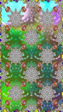 Çiçeksiz desenli arka plan. Yeşil ve gri renkli çiçekler. Tişört baskısı için çiçek boyama rasteriName.