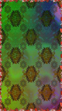 Raster Çiçek İllüstrasyonu güzel tekstil. Yeşil ve kahverengi renkte etnik çiçeklerle kusursuz bir desen..