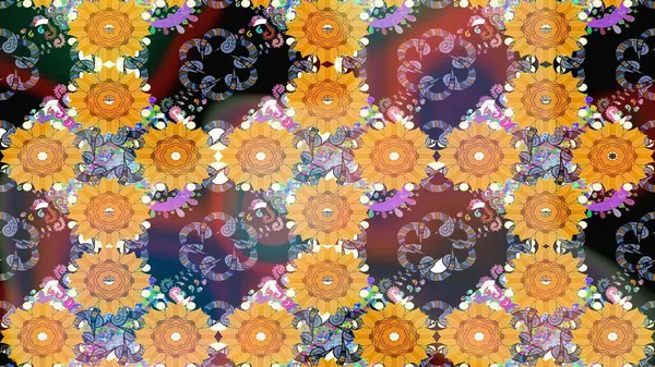 Retro tekstil tasarım koleksiyonu. El çizimi çiçek unsurları olan soyut çizim raster deseni. Sarı üstüne sarı. Çiçekli ipek eşarp. 1950 'ler-1960' lar motifleri.