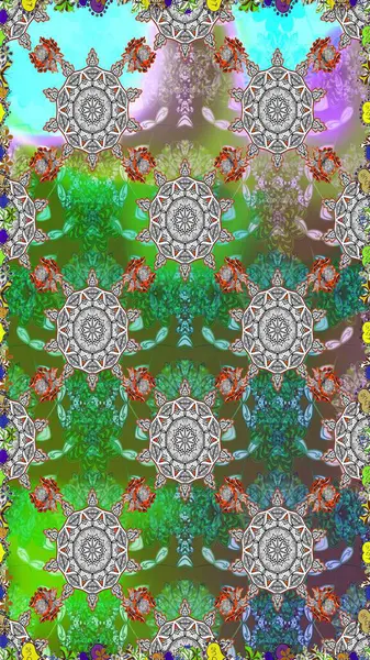 Çiçeksiz desenli arka plan. Yeşil ve gri renkli çiçekler. Tişört baskısı için çiçek boyama rasteriName.