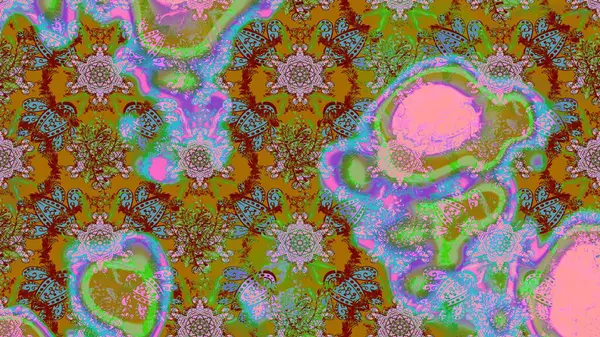 Motley illüstrasyonu. Küçük çiçekte güzel bir desen. Küçük renkli çiçekler. Moda baskıları için zarif bir şablon. Yeşil, kahverengi ve pembe çiçekli bahar çiçekleri.