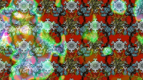 Düz Çiçek Elementleri Tasarımı. Sevimli çiçek raster deseni. Yeşil, kahverengi ve kırmızı renkte çiçekler. Renkli Yaz Teması çizim şablonu.