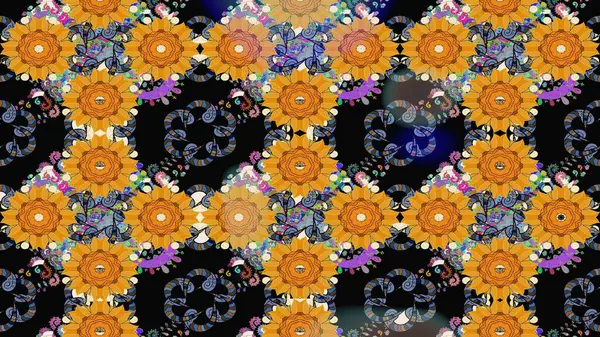 Modern çiçek arkaplanı. Moda baskıları için zarif bir şablon. Halk tarzı. Parlak renkli çiçekleri ve siyah yaprakları olan harika bir çiçek deseni..