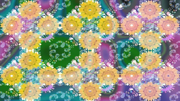 Renkli Bahar Teması eskiz kalıbı. Bej renkli çiçekler. Düz Çiçek Elementleri Tasarımı. Raster illüstrasyonunda çiçek deseni çizimi.