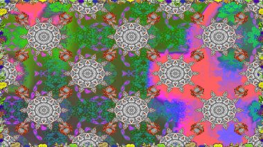 Raster Çiçek İllüstrasyonu 'nun şirin tekstili. Yeşil ve gri renkte etnik çiçeklerle kusursuz bir desen..