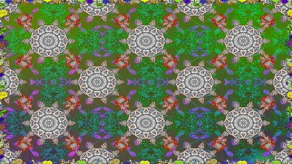 Raster Çiçek İllüstrasyonu güzel tekstil. Yeşil ve gri renkte etnik çiçeklerle kusursuz bir desen..