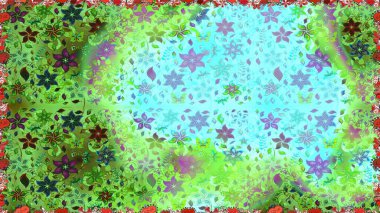 Suluboya, elle çizilmiş. Yeşil ve mavi renkli yapraklı yabani çiçekler. Raster illüstrasyonu. Kusursuz arkaplan deseni.