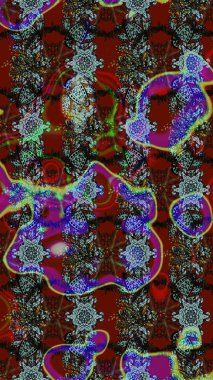 Suluboya çiçekli çiçek deseni. Kırmızı, kahverengi ve gri renklerde Asya tekstili. Raster illüstrasyonu.