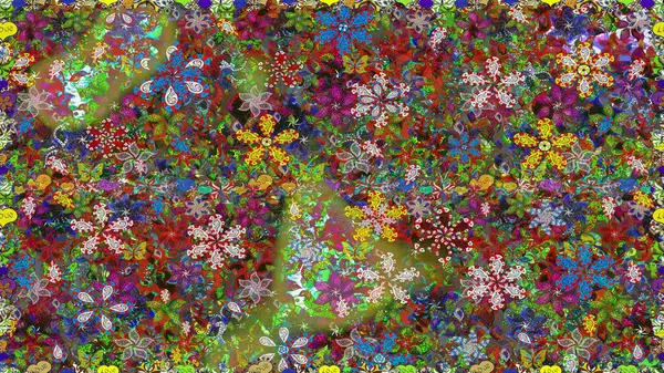 Tekstil tasarımı için yeşil ve kahverengi renkli geleneksel halk çiçekleri. Çiçeksiz desenli nakış işlemeli gelincikler ve vadi zambaklarıyla.