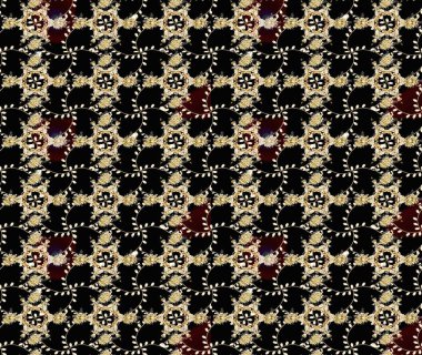 Siyah, bej ve kahverengi renklerde parlak çiçekli halı deseni..