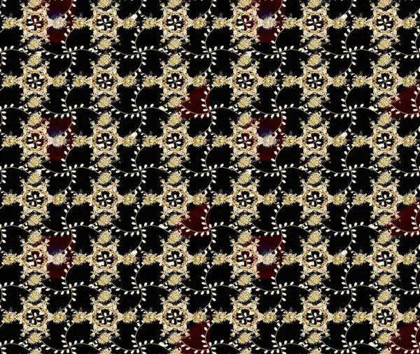 Siyah, bej ve kahverengi renklerde parlak çiçekli halı deseni..