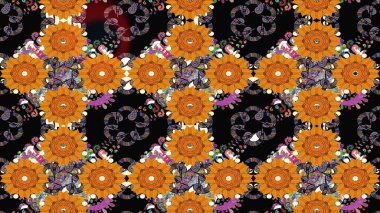 Raster illüstrasyonu. Eski usul. Eskiz geçmişi. Renkli desenli eskiz deseni, siyah çiçekler ve dekoratif elementlerle. Kumaş, tekstil ve duvar kağıdı baskısı için..