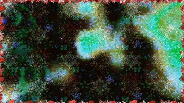 Patlayan çiçekler soyut olarak yerleştirilmiş. Raster deseni. Yumuşak, bahar çiçekleri yeşil ve siyah renklerde. Raster illüstrasyonu.