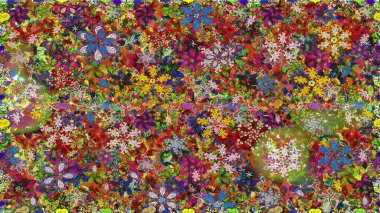 İşlemeli çiçekli, dikişsiz desen. Renkli grunge, soyut arkaplanı kolonya ve yeşil çiçeklerle süslüyor. İzler, kumaş, duvar kağıtları, tekstil için raster dokusu.