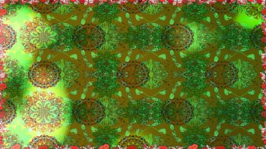 Raster Floral Illustration in asian textile. Elegance seamless pattern with ethnic flowers on green and brown colors.
