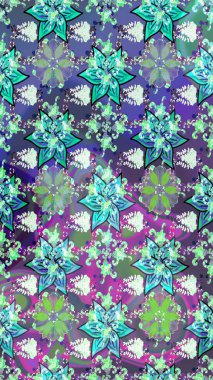 Mavi arka planda. Tekstil, kumaş, ambalaj, hatıra defteri için hoş bir çiçek arkaplanı. Çocuksu tasarım. Elle çizilmiş karalama çiçekleri ile Raster çizim deseni.