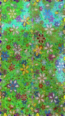 Çok yeşil ve mavi zarif küçük çiçekler ve yeşil ve mavi renkli komik böcekler, raster desen, illüstrasyon.